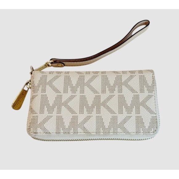 Michael Kors Women's Logo Print Wristlet Wallet Brown Tan Zip - Picture 2 of 7